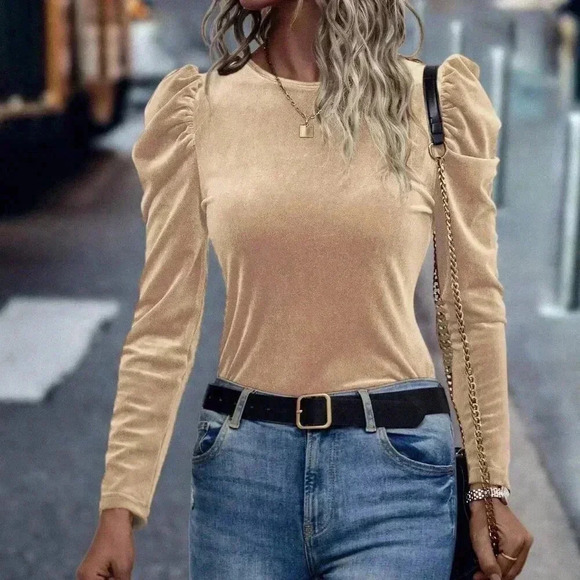 Tops - Apricot Casual Women's Velvet Gigot Sleeve T-Shirt